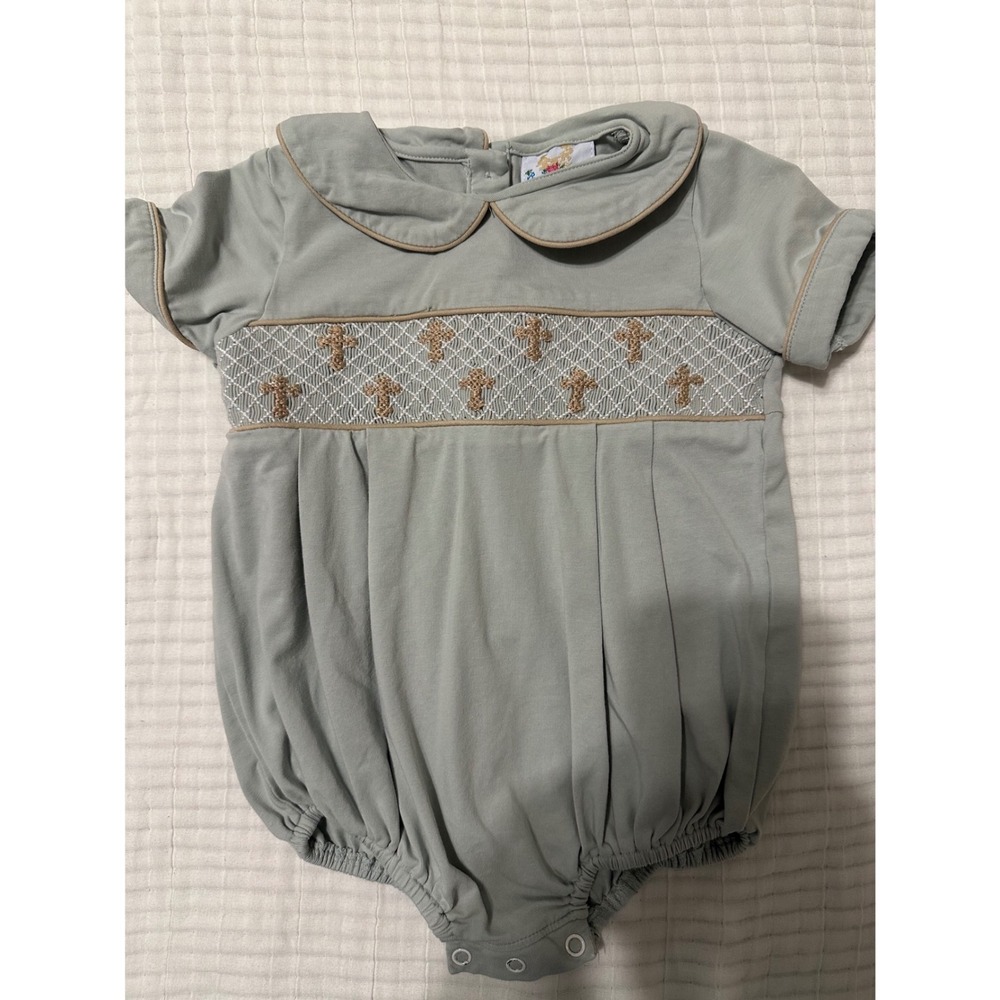 Busy Bees Smocks Sage Green Cross Smocked Bubble Romper Peter Pan Collar 12M